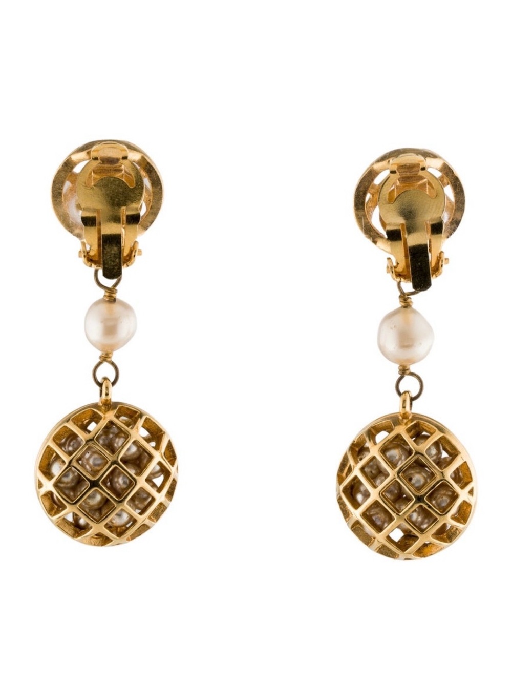 Chanel! Gold Lattice Drop Pearl Earrings - - Picture 3 of 3